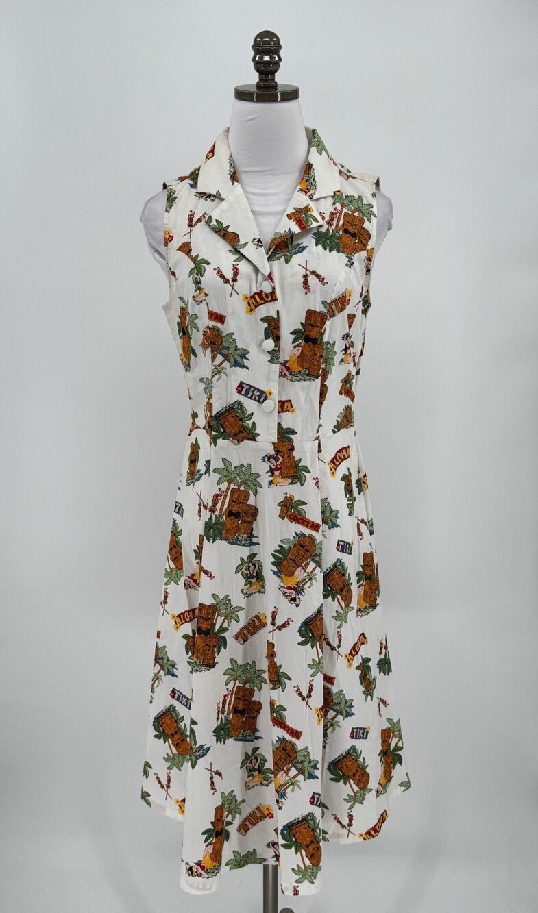 Banned Vintage White Aloha Print Collared Sleeveless Button Midi Dress Sz M